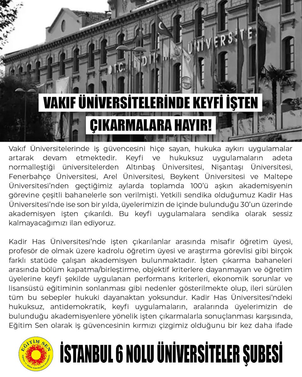 EgitimSenist6's tweet photo. Yetkili sendika olduğumuz Kadir Has Üniversitesi’nde 33/a araştırma görevlisi kadrosunda yer alan iki üyemiz, lisansüstü öğreniminin sona ermesi neden gösterilerek tazminat dahi verilmeden işten çıkarıldı.
Bu keyfi uygulamalara sendika olarak sessiz kalmayacağımızı ilan ediyoruz. https://t.co/hoc6DRn97M