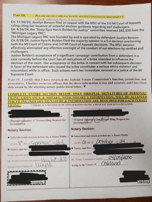 pjcolbeck's tweet image. #INJUSTICESYSTEM: MI SoS @JocelynBenson gave $82,500 to MI Supreme Court Justice Kyra Bolden while O&apos;Halloran v Benson lawsuit was before MI Supreme Court.  
Bolden subsequently wrote the majority opinion of MSC in favor of Benson overturning what had been unanimous decisions in…