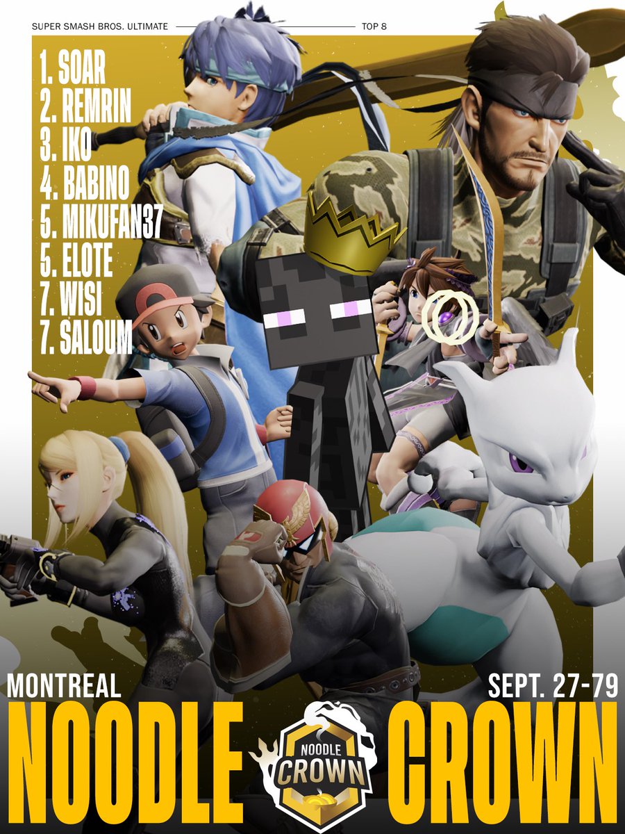 Noodle_Empire's tweet photo. Congratulations to @SoarJM for winning Ultimate Singles at The Noodle Crown 2024! 👑🍜

🥇@SoarJM 
🥈@Remrin258 
🥉@iKO_quebecer101 
4️⃣@babino_ike 
5️⃣@LTGBeasty 
5️⃣@elote36 
7️⃣@Wisifox98 
7️⃣@Saloum_PT 

Thank you all for attending! #noodlecrown #NoodleFTW https://t.co/4TJ9HhvOMD