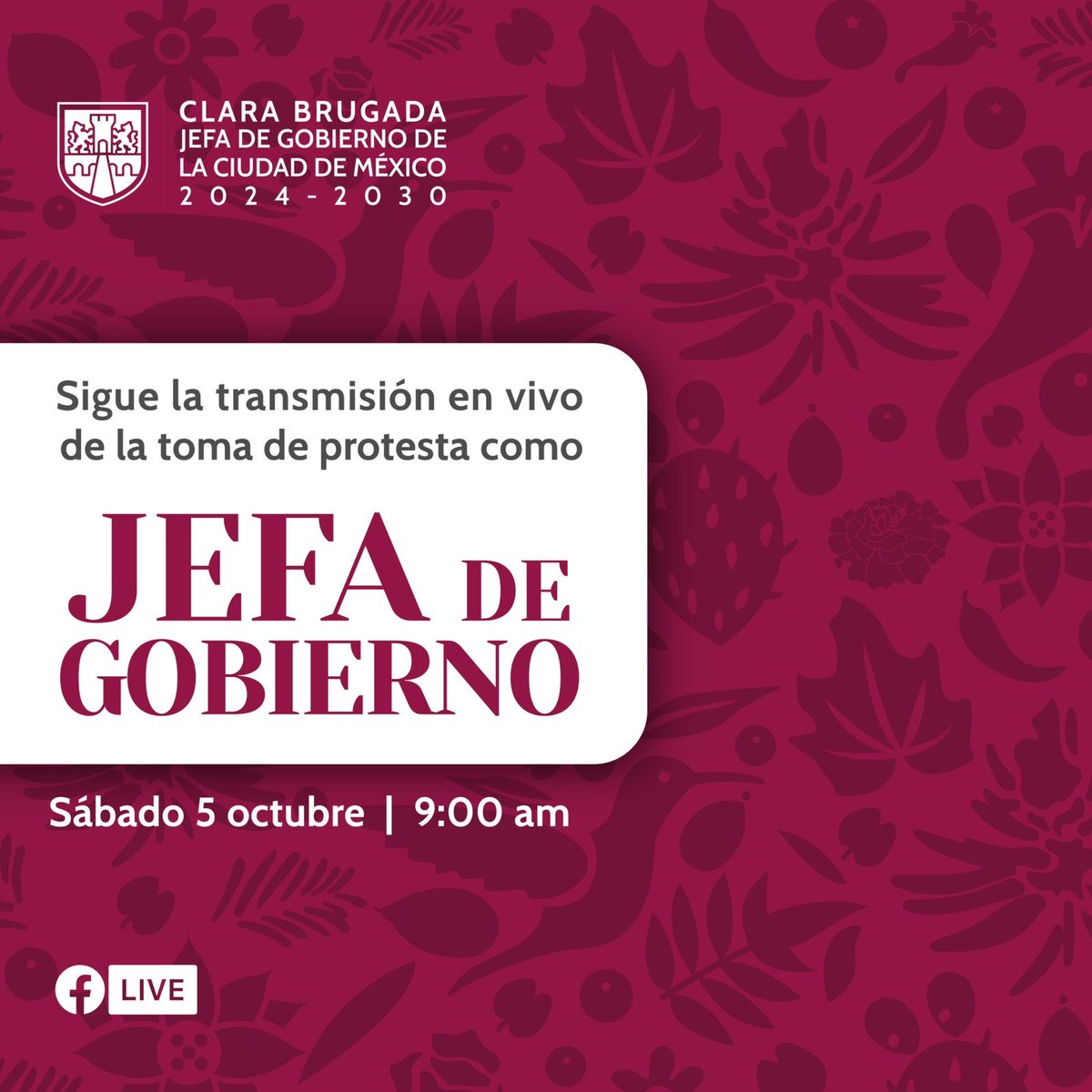 ¡Buenos días, amigas y amigos!  

Les invito a seguir la transmisión en vivo, en mis redes sociales, de la ceremonia donde tomaré protesta como jefa de Gobierno de la Ciudad de México.

Gracias por acompañarme a lo largo del camino hasta el día de hoy. ¡Amor con amor se paga!
