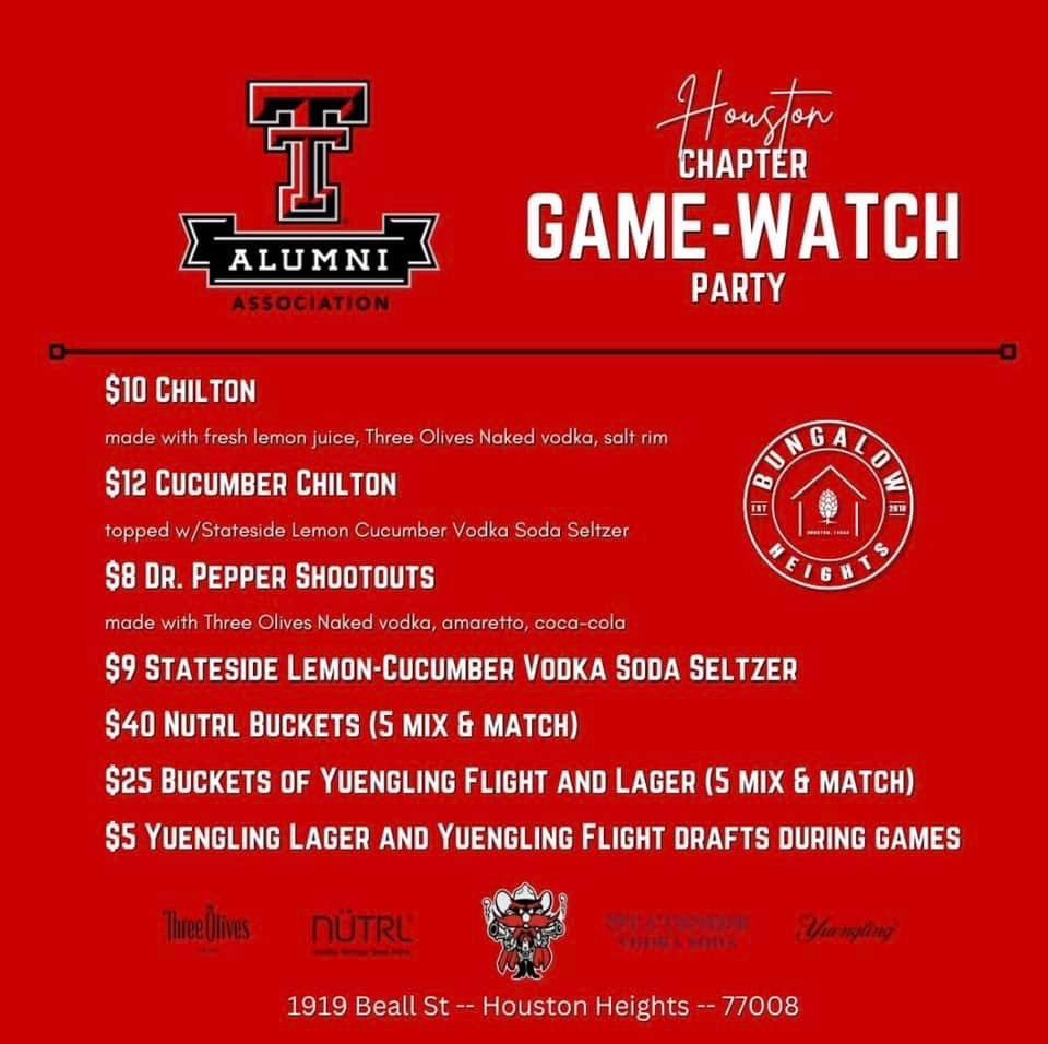 houstonttaa's tweet image. From 11am CT kickoffs to 11pm ET kickoffs, we have your Tech watch party location covered no matter what time. It’s game day Tech fans! See y’all tonight at Houston’s official Texas Tech watch party location, @BungalowHeights. #WreckEm