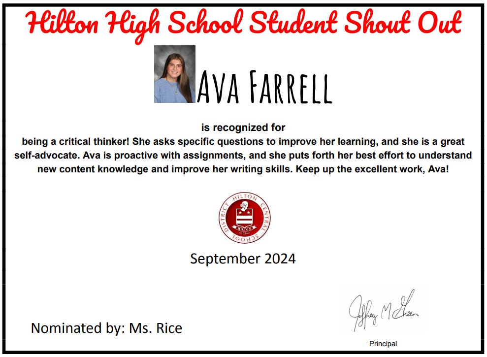 Congratulations to Ava, one of our October 2024 Students of the Month. Thank you for exemplifying our Cadet Intentional Values. Keep up the good work! #WeAreHilton