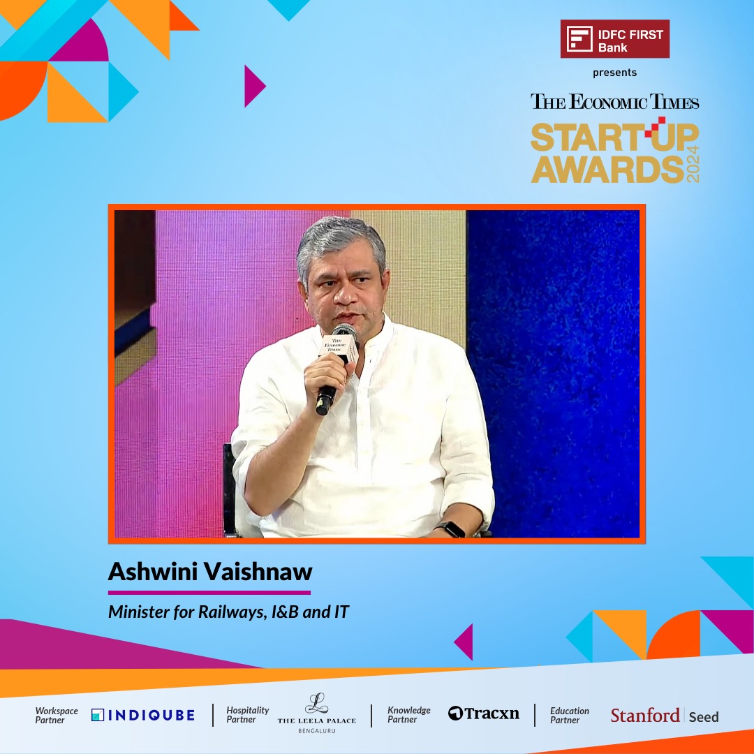 StartupAwardsET's tweet image. "Our approach in the AI mission is of democratising technology.", says Ashwini Vaishnaw, Minister of Railways, I&amp;amp;B, and Electronics &amp;amp; IT, our Guest of Honour at the #ETStartupAwards. 

#ETSA

@AshwiniVaishnaw @IDFCFIRSTBank @indiqube @TheLeelaHotels @Tracxn @StanfordSeed