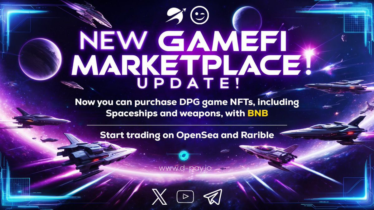 New Update from the D-pay Marketplace!

We have made a significant update to our GameFi marketplace to enhance the user experience. Now, you can purchase DPG game NFTs using BNB! 🚀✨

These NFTs, including spaceships and weapons, are not only usable in the game with unique