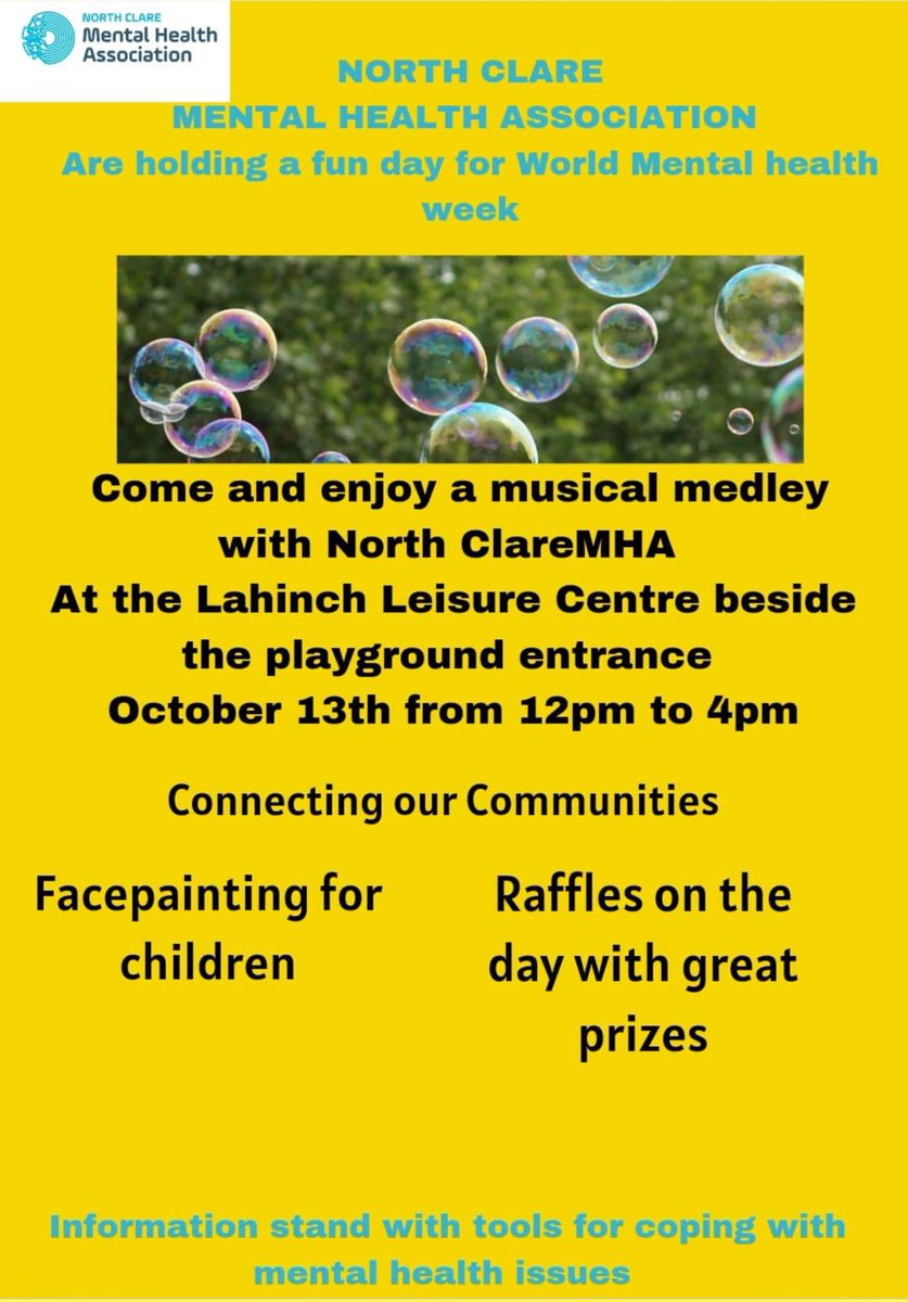 North Clare Mental Health Association are marking #WorldMentalHealthDay by hosting our 4th family fun day on Sunday 13th October in Lahinch from 12-4. Please come along for some great music and singing on the day!! #MHA #WorldMentalHealthDay