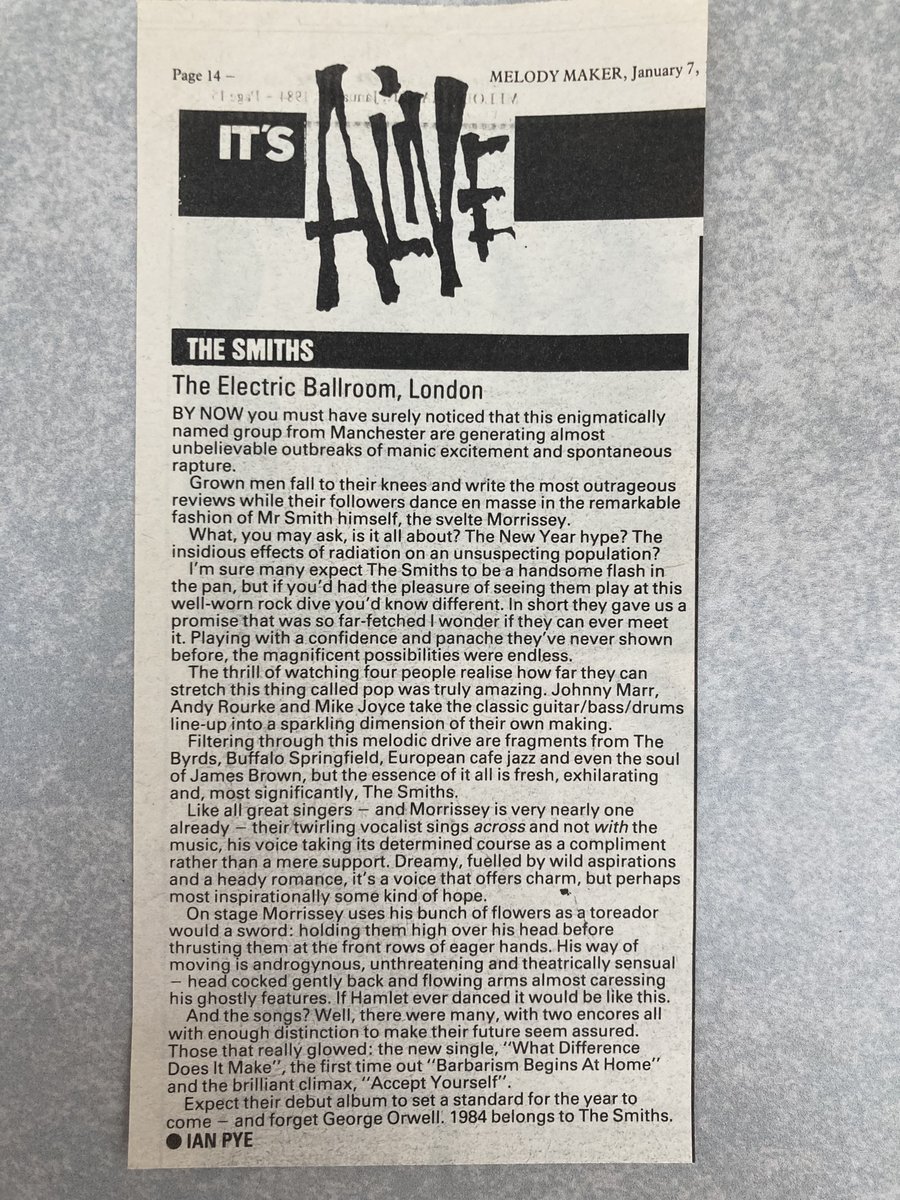 7th Jan 1984 - The Smiths gig at Camden's Electric Ballroom in December is reviewed in Melody Maker. "1984 belongs to The Smiths" #TheSmiths