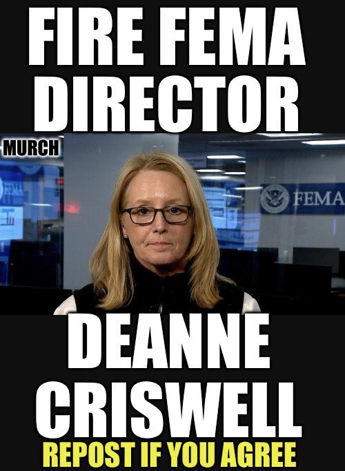 TheEXECUTlONER_'s tweet image. Fema Director Deanne Criswell should resign or be fired for blocking aid to Hurricane Helene survivors and misuse of disaster funds. 

Who wants to see her fired? 🙋‍♂️