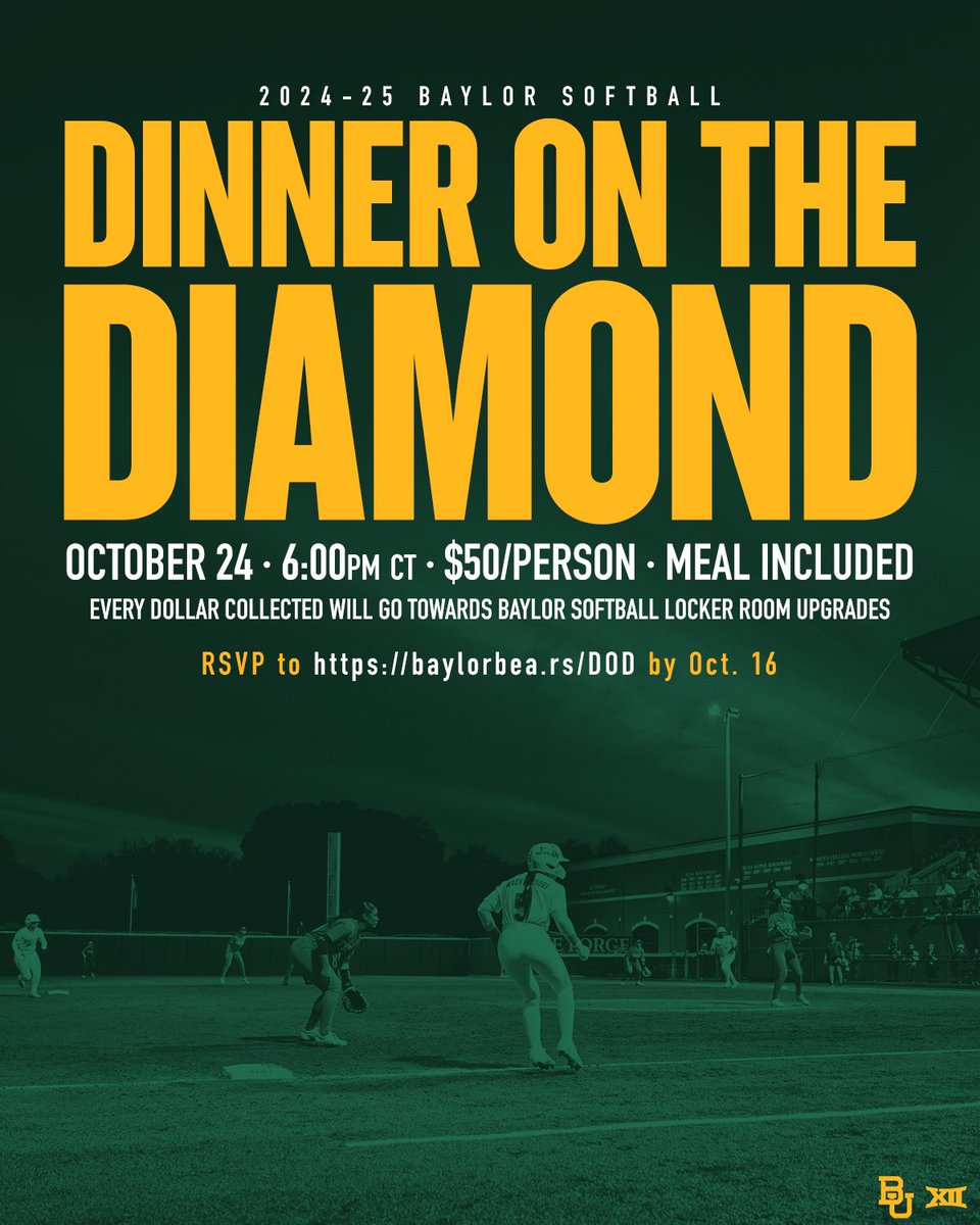 Baylor Softball (@baylorsoftball) on Twitter photo Just THREE weeks away from Dinner on the Diamond!
RSVP at this link: baylorbea.rs/DOD
OR send an email to dani_price@baylor.edu if youโd like to pay at the door!
#SicEm | #andONE Just THREE weeks away from Dinner on the Diamond!
RSVP at this link: baylorbea.rs/DOD
OR send an email to dani_price@baylor.edu if youโd like to pay at the door!
#SicEm | #andONE