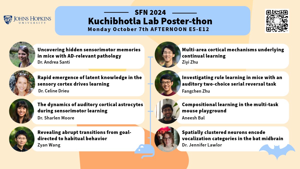 Kishore Kuchibhotla (@kishoreneuro) on Twitter photo Coming to Chicago for <a href="/SfNtweets/">Society for Neuroscience (SfN)</a>? Come check out our posters and meet our amazing team on Monday afternoon (all together this time!) Diverse projects (single-task learning, continual learning, AD, vocalization categories, habits) and species (mice and bats). Monday 1-5pm E5-E12 Coming to Chicago for <a href="/SfNtweets/">Society for Neuroscience (SfN)</a>? Come check out our posters and meet our amazing team on Monday afternoon (all together this time!) Diverse projects (single-task learning, continual learning, AD, vocalization categories, habits) and species (mice and bats). Monday 1-5pm E5-E12