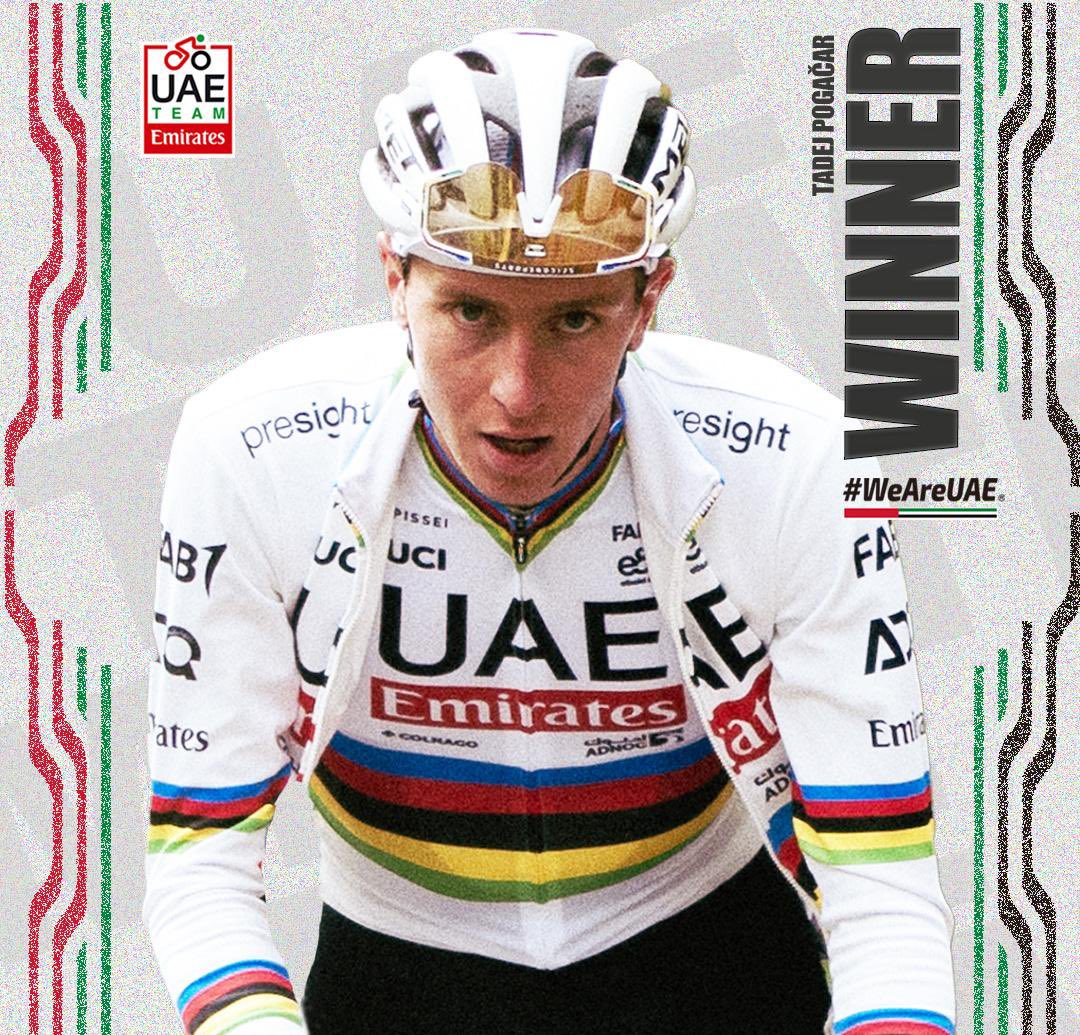 TeamEmiratesUAE's tweet photo. 🏆🏆🏆🌈🌈🌈TADEJJJJJJJJJJJJ!

@TamauPogi wins #GirodellEmilia 🇮🇹 in another stunning solo move at San Luca!

#UAETeamEmirates #WeAreUAE https://t.co/oziX4R1XQl
