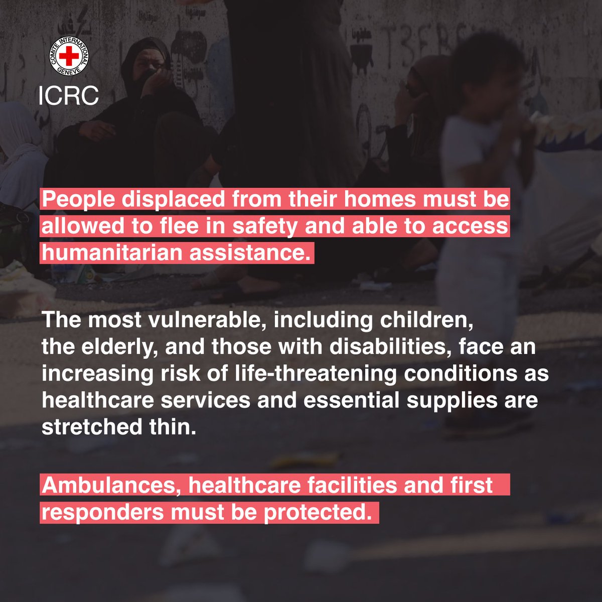 ICRC_lb's tweet photo. As violence intensifies across the #MiddleEast, the region sits on the precipice of a region-wide armed #conflict. The #ICRC urgently reminds all parties of their obligations under #internationalhumanitarianlaw, in particular the need to protect civilians and #civilianobjects. https://t.co/jqvPF1DgWc