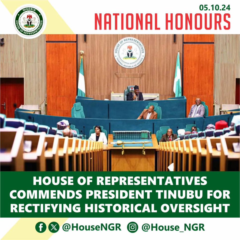 HouseNGR's tweet photo. The @HouseNGR has expressed its gratitude to President Bola Ahmed Tinubu, GCFR for addressing a significant historical oversight by conferring Grand Commander of the Order of the Niger (GCON) on the Speaker of the House, Rt. Hon. Abbas Tajudeen, PhD.

#HouseNGR #NationalHonours https://t.co/tqTOPaJoit