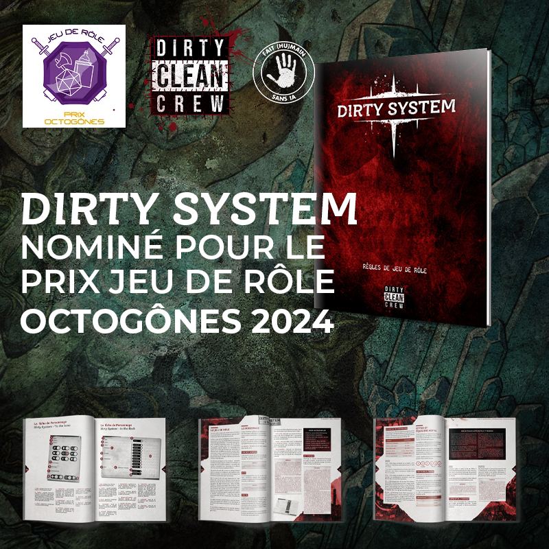 LazarBaruk's tweet image. Le Label Dirty Clean Crew a le plaisir d'annoncer que le Dirty System est nominé pour le prix Jeu de Rôle 2024 de la convention @Octogones
label-dcc.games/dirty-system/