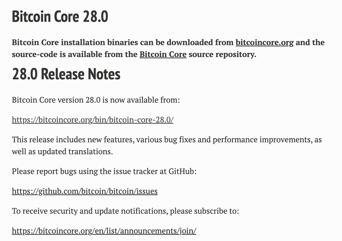 BitcoinMagazine's tweet photo. JUST IN: #Bitcoin Core 28.0 has been released 🚀 https://t.co/8R5efsAWPS