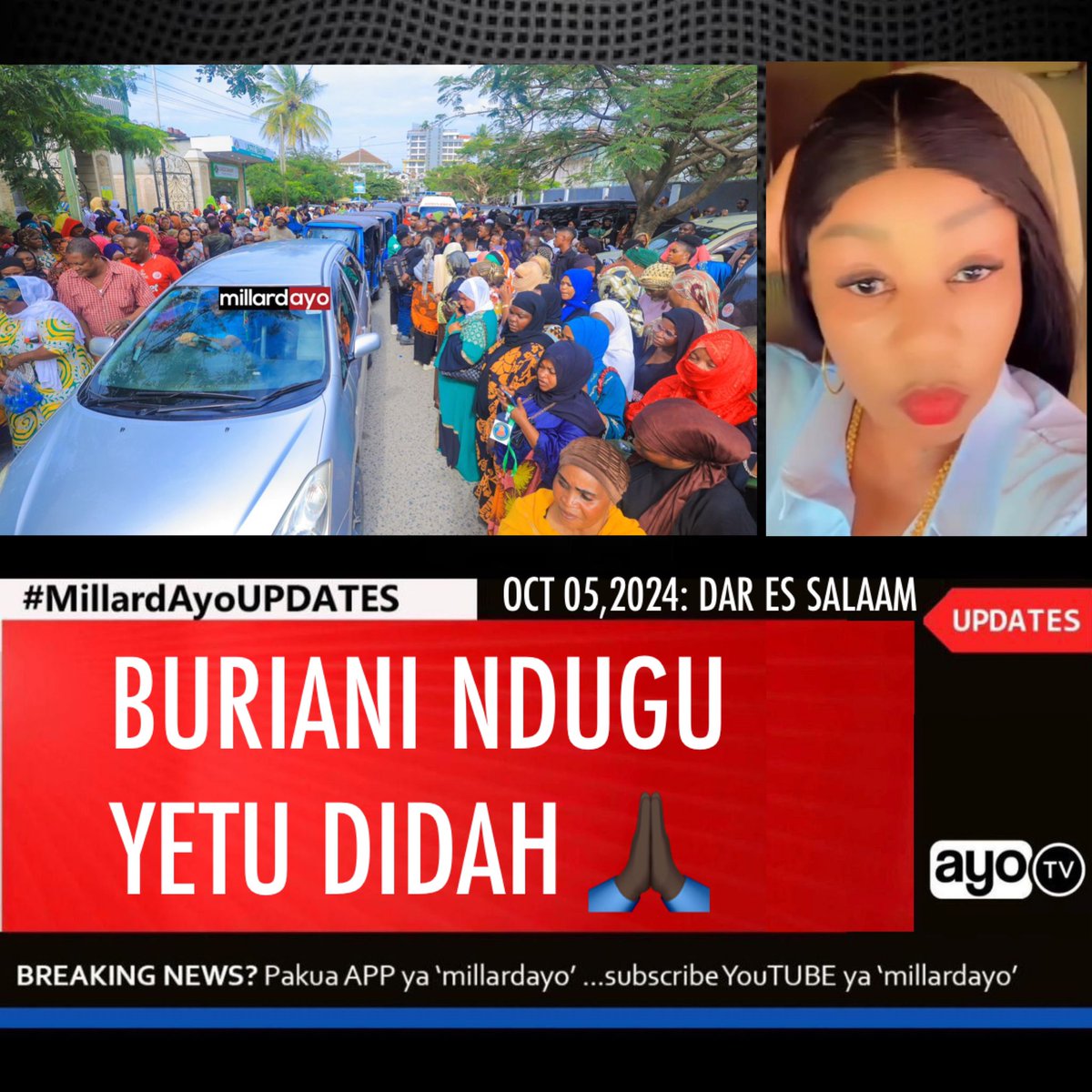 millardayo's tweet photo. Hivi ndivyo Waombolezaji, Ndugu, Jamaa na Marafiki wa Mtangazaji wa Wasafi FM, Khadija Shaibu (Didah) walivyofika Msikiti wa Maamur, Upanga Jijini Dar es salaam kwa ajili ya Dua ya kumuombea Didah kabla ya kwenda kupumzishwa kwenye makazi yake ya milele katika makaburi ya Kisutu.
#MillardAyoUPDATES