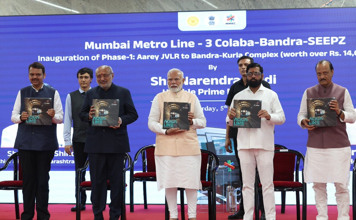narendramodi's tweet photo. Mumbai’s Metro network expands, boosting ‘Ease of Living’ for people! 

Congratulations to the people of Mumbai on the inauguration of the Aarey JVLR to BKC section of Mumbai Metro Line 3, Phase – 1. https://t.co/OGVpeDPkOK