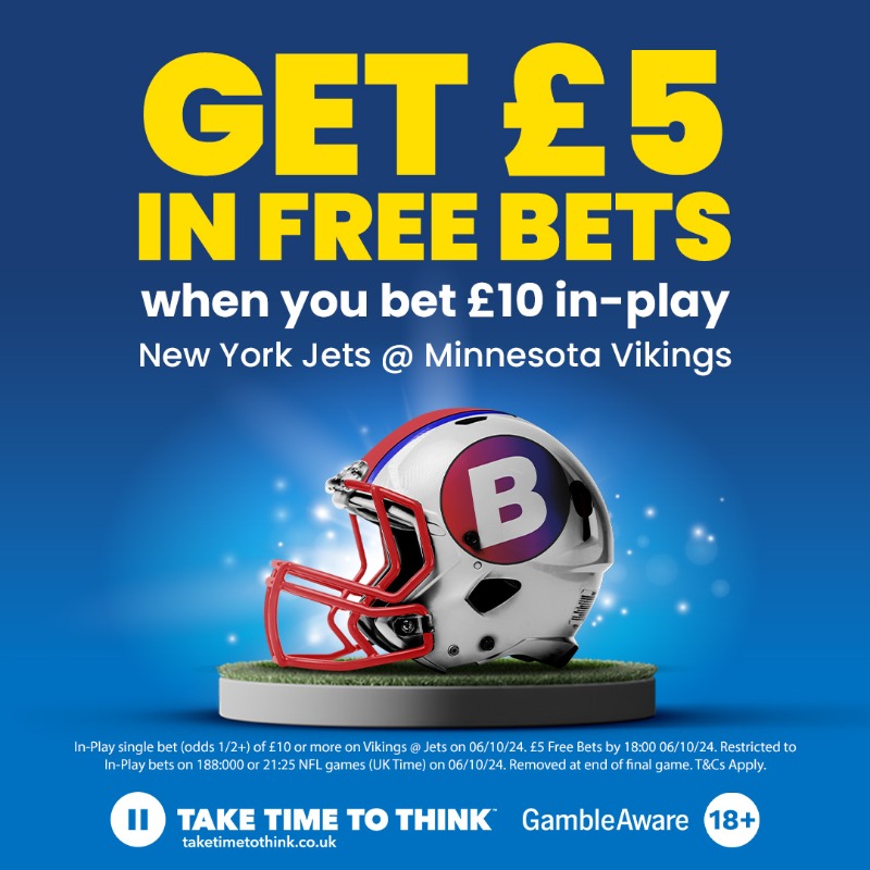 Betfred's tweet photo. 🏈 ONE GAME, THREE OFFERS. 🏈
The Minnesota Vikings take on the New York Jets in the first NFL London game.
#NFL | #VikingsJets