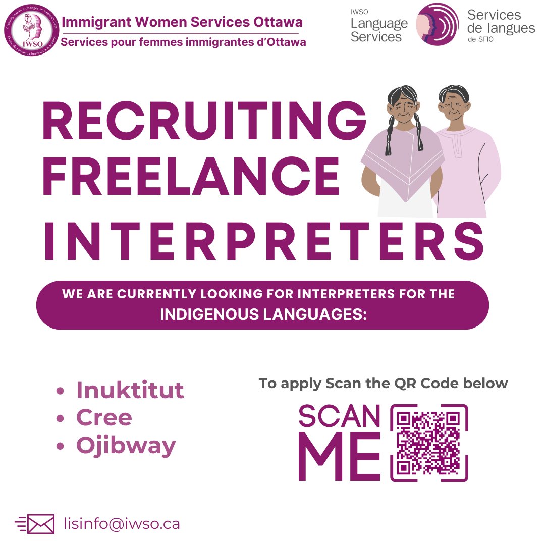 We are actively seeking interpreters for Indigenous languages to support our growing community. If you're passionate about bridging language barriers and making a meaningful impact, this opportunity is for you!

📧 Interested? Apply by scanning the QR code.
