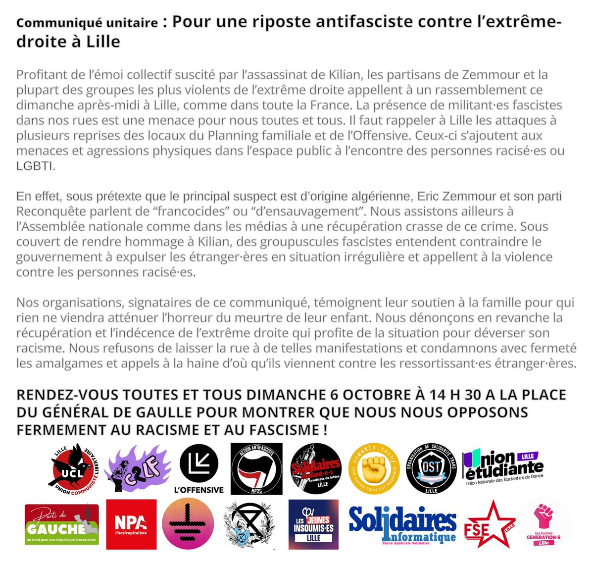 UCLLille's tweet photo. ⚠️ RAPPEL : Action antifasciste demain à Grande place de Lille à 14h30

Deuxième version du communiqué avec les nouvelles organisations signataires : @JeunesFILille, @FSE_Lille, @SolInfo59, @XRLille, @JeunesGLille https://t.co/DdAY6Tn5nX