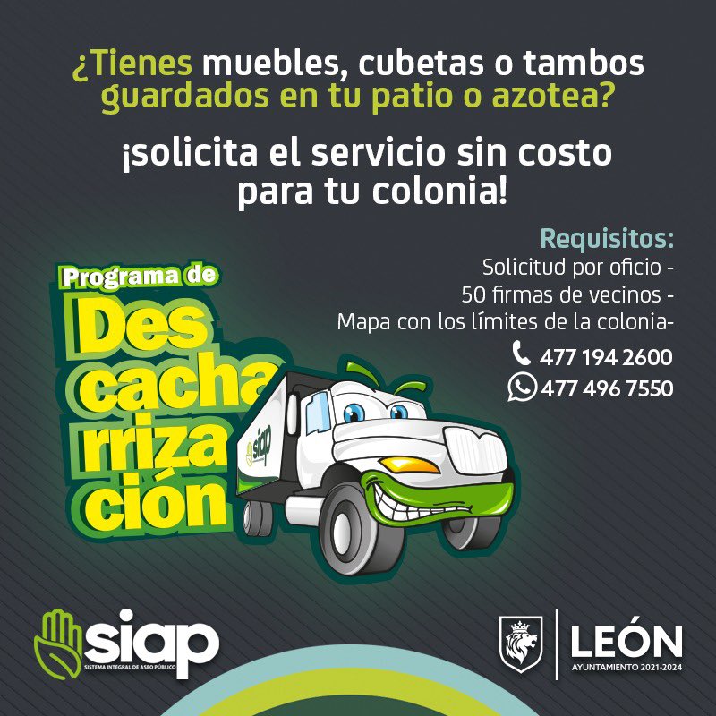 ¡𝗠𝐚𝐧𝐭é𝐧 𝐭𝐮 𝐡𝐨𝐠𝐚𝐫 𝐥𝐢𝐦𝐩𝐢𝐨 𝐲 𝐬𝐞𝐠𝐮𝐫𝐨💚!, evita la propagación del mosquito portador del dengue y solicita nuestro servicio de #descacharrización para tu colonia.

Comunícate al 4771942600 para más información.

#LeónSiempreLimpio🦁✨