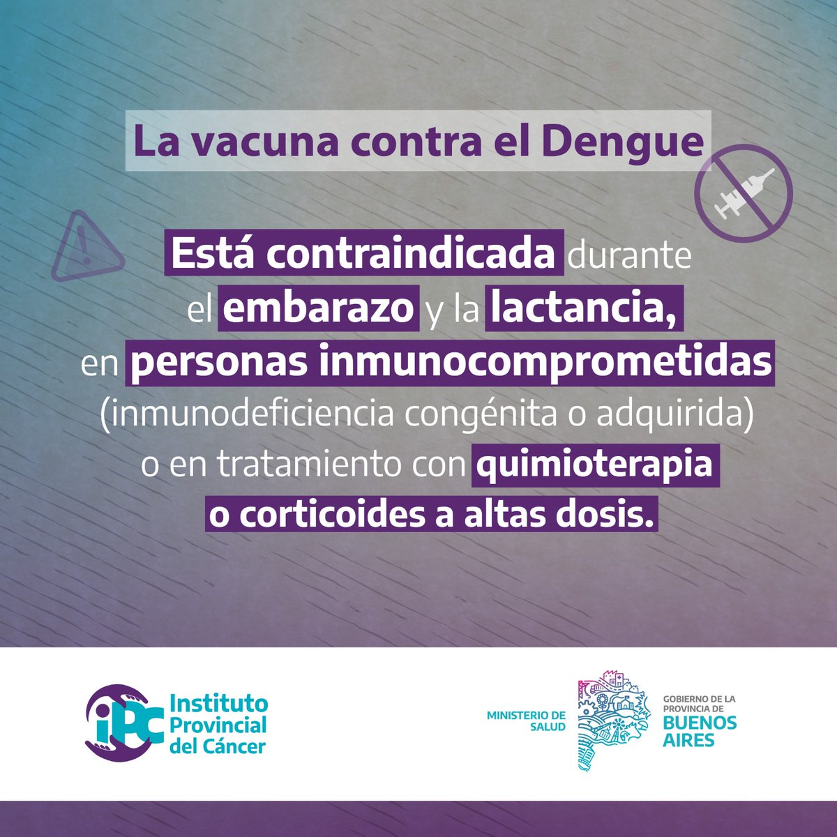 ⚠️ INFORMACIÓN IMPORTANTE:

👉🏼La vacuna contra el dengue está contraindicada en personas inmunocomprometidas, en tratamiento con quimioterapia o corticoides a altas dosis. 
También durante el embarazo y la lactancia. 

 💉Más informacion: gba.gob.ar/dengue/