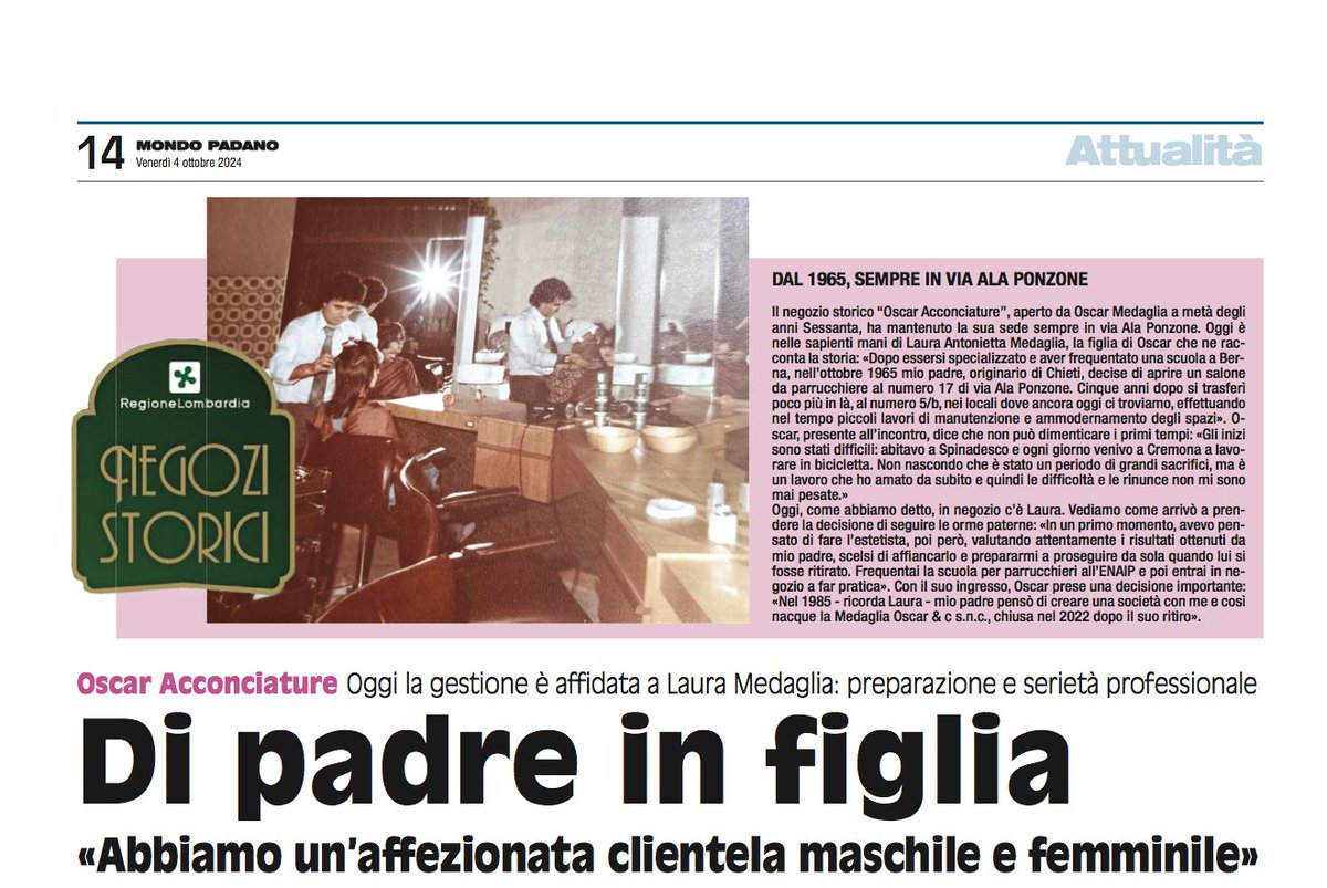 mondopadano's tweet photo. Di padre in figlia.
Per la rubrica "Negozio Storico": Oscar Acconciature.
#commercio @RegLombardia 
https://t.co/znQLTDYRCh https://t.co/vjJcg7MK02