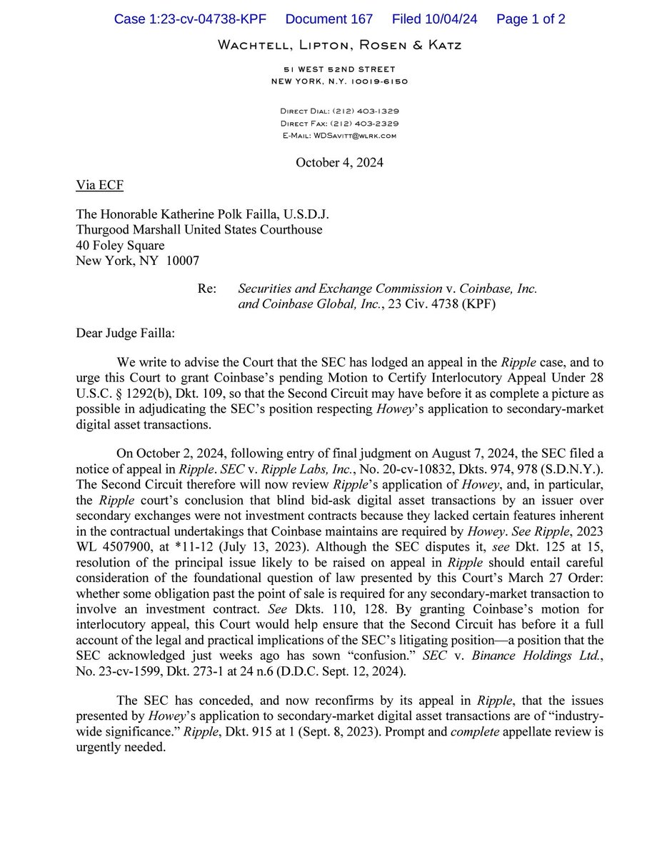 AshleyPROSPER1's tweet photo. #XRP #XRPCommunity
@coinbase has asked the judge in its case to certify its interlocutory appeal so that it may present its case to the 2nd circuit alongside Ripple.
Together, both cases would give the 2nd circuit a comprehensive view of the SEC's unlawful approach to crypto. I believe it will be granted.