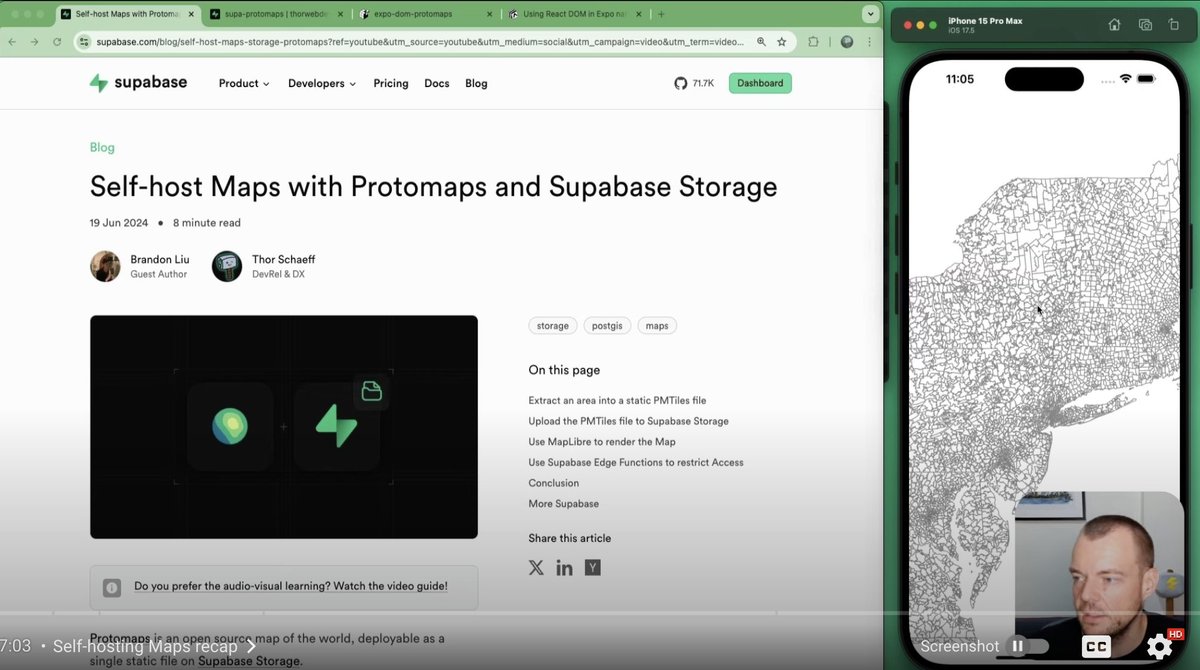 Expo (@expo) on Twitter photo 📽️ Great tutorial video from <a href="/thorwebdev/">Thor 雷神 ⚡️</a> about how to self-host beautiful maps for your native apps.
🗺️ DOM components (in Expo SDK 52 preview 🤫)
⚛️ React <a href="/maplibre/">MapLibre</a> with PMTiles protocol
💾 Store <a href="/protomaps/">Protomaps https://bsky.app/profile/protomaps.com</a> PMTiles in <a href="/supabase/">Supabase</a> Storage
youtu.be/9FuRuD8WKyU?si… 📽️ Great tutorial video from <a href="/thorwebdev/">Thor 雷神 ⚡️</a> about how to self-host beautiful maps for your native apps.
🗺️ DOM components (in Expo SDK 52 preview 🤫)
⚛️ React <a href="/maplibre/">MapLibre</a> with PMTiles protocol
💾 Store <a href="/protomaps/">Protomaps https://bsky.app/profile/protomaps.com</a> PMTiles in <a href="/supabase/">Supabase</a> Storage
youtu.be/9FuRuD8WKyU?si…