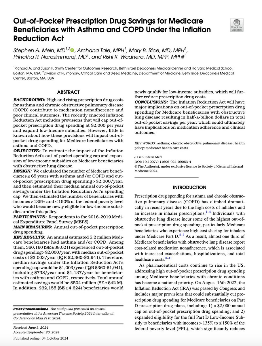Rishi Wadhera, MD MPP (@rkwadhera) on Twitter photo Our new study in <a href="/JournalGIM/">JGIM Journal of General Internal Medicine</a> projects that the Inflation Reduction Act's spending cap & low-income subsidies will ⬇️ out-of-pocket prescription drug spending for >500,000 adults w/ COPD & asthma
link.springer.com/article/10.100…
Led by ⭐️ fellow <a href="/StephenMein/">Stephen Mein</a> w/ <a href="/MaryRice_LungDr/">Mary Rice</a> <a href="/prihatha/">Prihatha Narasimmaraj, MD</a> Our new study in <a href="/JournalGIM/">JGIM Journal of General Internal Medicine</a> projects that the Inflation Reduction Act's spending cap & low-income subsidies will ⬇️ out-of-pocket prescription drug spending for >500,000 adults w/ COPD & asthma
link.springer.com/article/10.100…
Led by ⭐️ fellow <a href="/StephenMein/">Stephen Mein</a> w/ <a href="/MaryRice_LungDr/">Mary Rice</a> <a href="/prihatha/">Prihatha Narasimmaraj, MD</a>