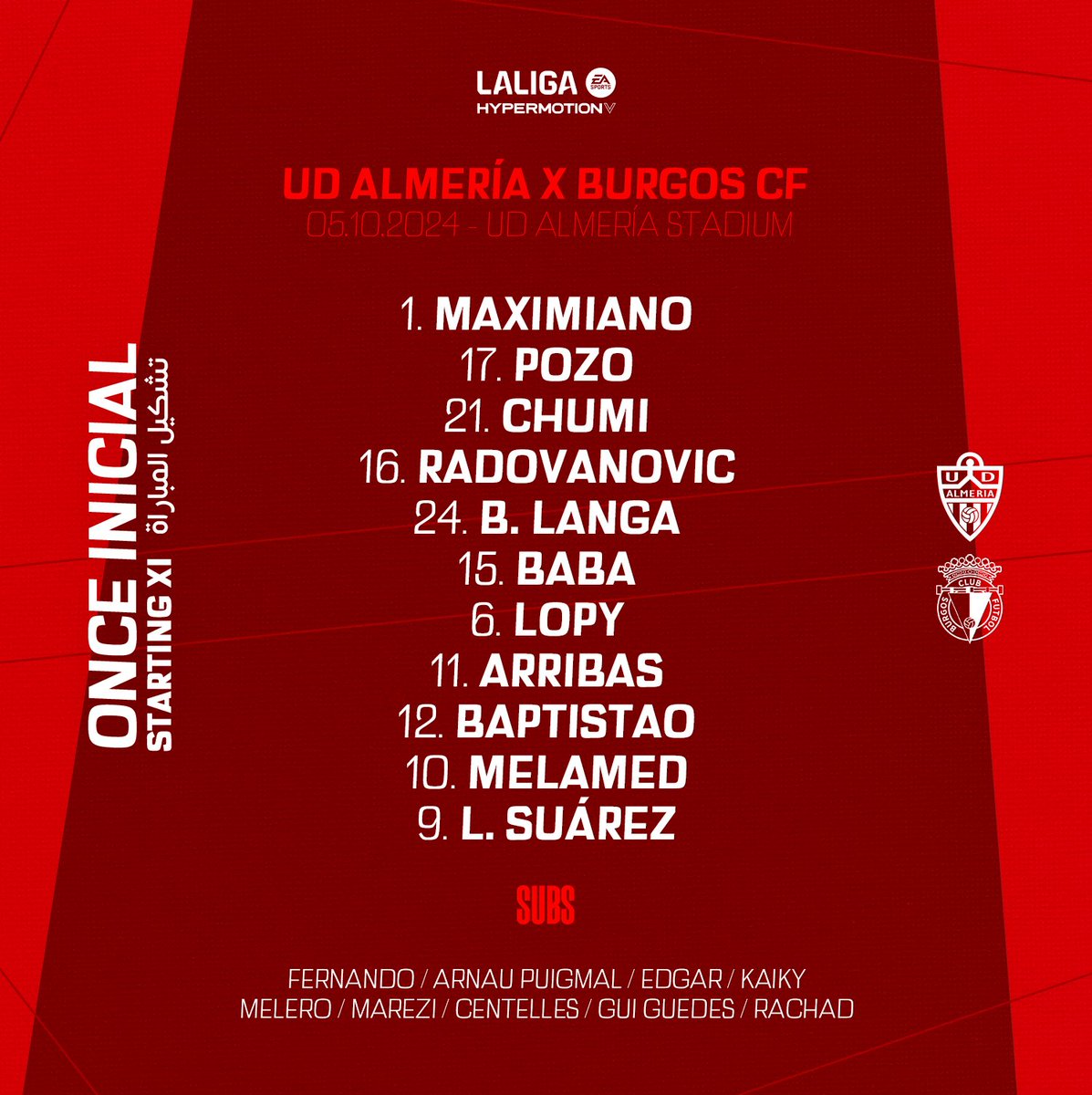 U_D_Almeria's tweet image. 📋 Esta es nuestra alineación para el #AlmeríaBurgosCF

#️⃣ #vamosalmería | 📻 #UDAradio