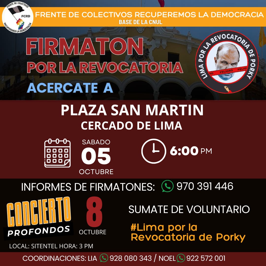 IDL_Gorriti's tweet image. Hoy 05/oct - Firmatón por la Revocatoria al #marrano edil 🐖 de Rafael López Aliaga &apos;Porky&apos; en la Plaza San Martín (que no quiere arreglar).

Hora: 6pm
Pasa la voz, hasta lograr la expulsión del incapaz de Lima 👇
#Hildebrandt 
#Antauro
#Bayly