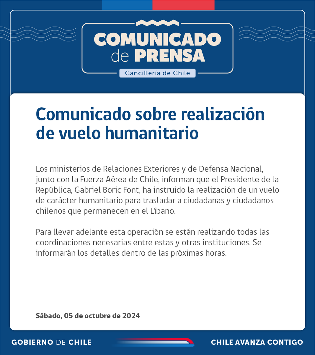 Minrel_Chile's tweet photo. Los ministerios de Relaciones Exteriores y Defensa Nacional informan sobre realización de vuelo humanitario al Líbano. https://t.co/RpuVAzKmaW