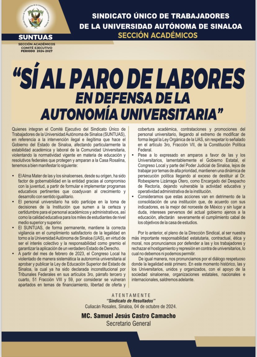 uasoficialmx's tweet photo. "SÍ AL PARO DE LABORES EN DEFENSA DE LA AUTONOMÍA UNIVERSITARIA" #SUNTUAS https://t.co/WdXcTNkCjY