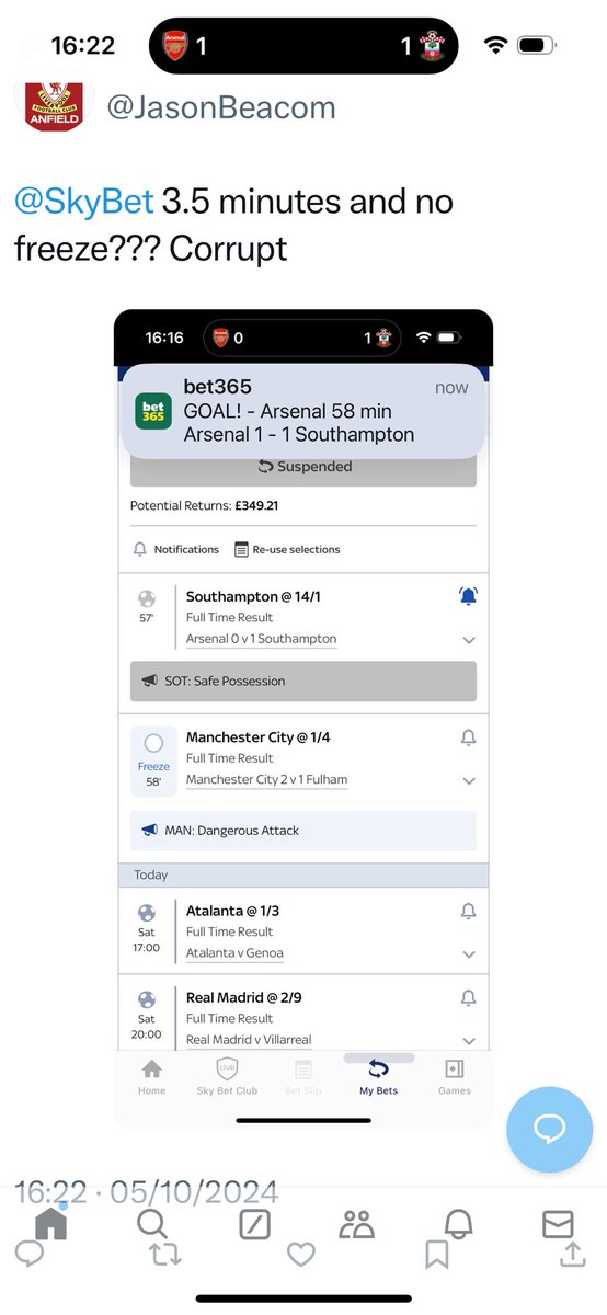 JasonBeacom's tweet photo. @SkyBet 3.5 minutes and no freeze?? Corrupt thieves https://t.co/vHktmzijhE