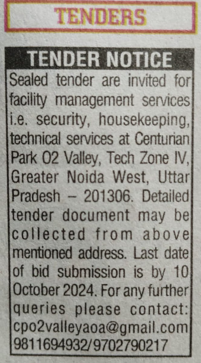 Tender for housekeeping n security for Centurian park o2 valley #CenturianPark #ACPBuyers #O2Valley
