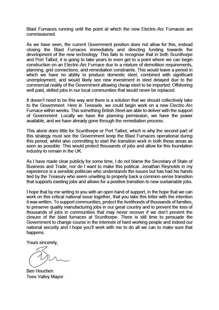 Ben Houchen (@benhouchen) on Twitter photo I have written to the Trade Unions with an offer to work together to protect thousands of jobs and do what we can to save the UK steel industry
Our national security is at stake! The alternative is that, for the first time ever, the UK will no longer produce its own steel… I have written to the Trade Unions with an offer to work together to protect thousands of jobs and do what we can to save the UK steel industry
Our national security is at stake! The alternative is that, for the first time ever, the UK will no longer produce its own steel…