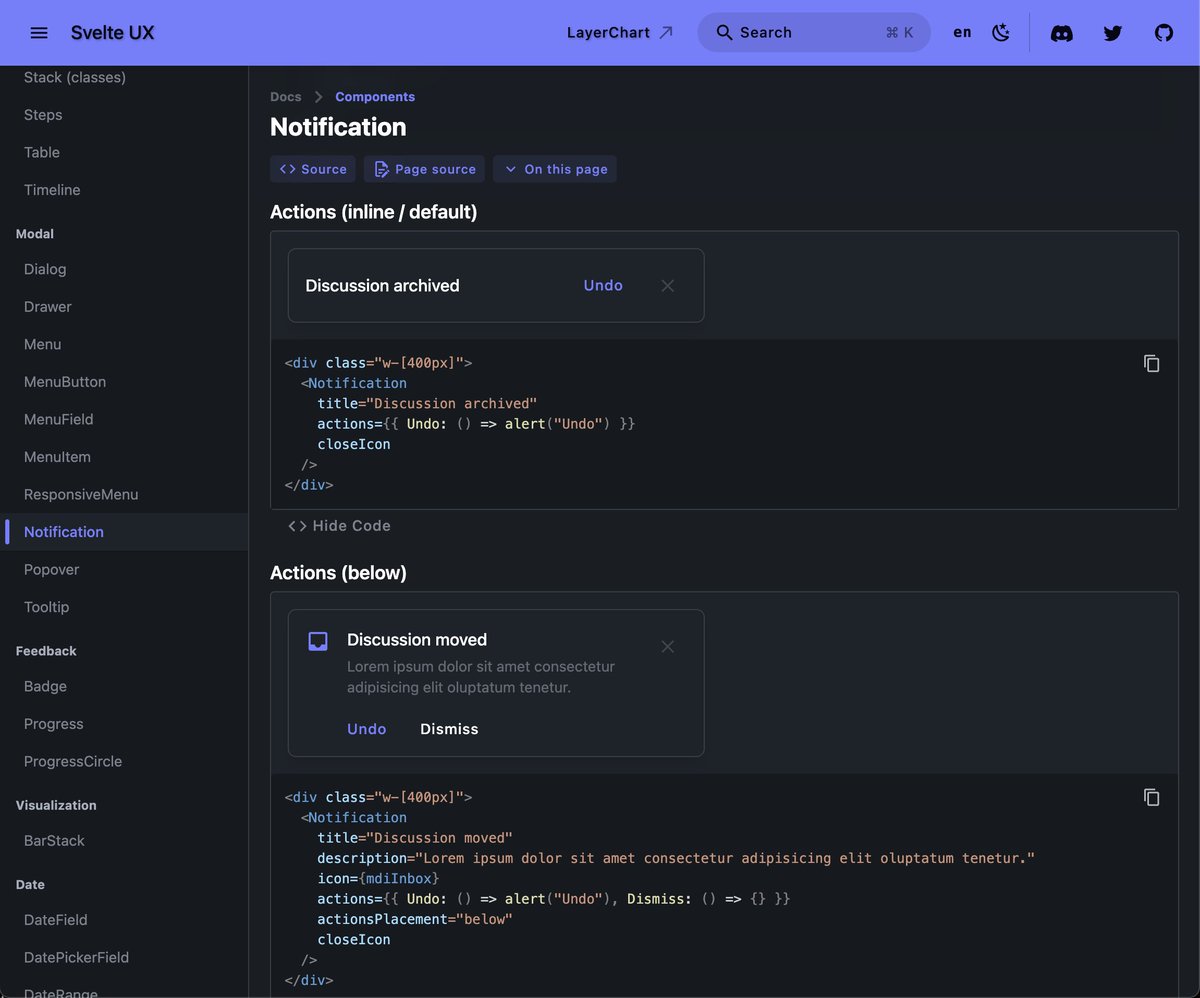 techniq35's tweet image. 📣 Simplified Notification with enhancements

@SvelteUX has improved the Notification component by supporting simple props for title, description, icon, and actions, support for theme colors (success, danger, etc), and added variant support (default, fill).…