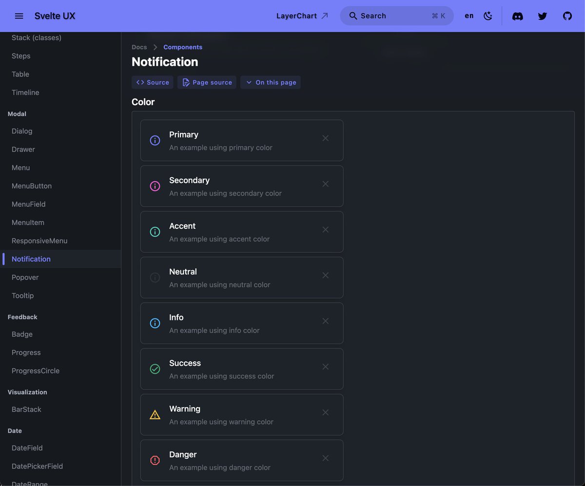 techniq35's tweet image. 📣 Simplified Notification with enhancements

@SvelteUX has improved the Notification component by supporting simple props for title, description, icon, and actions, support for theme colors (success, danger, etc), and added variant support (default, fill).…