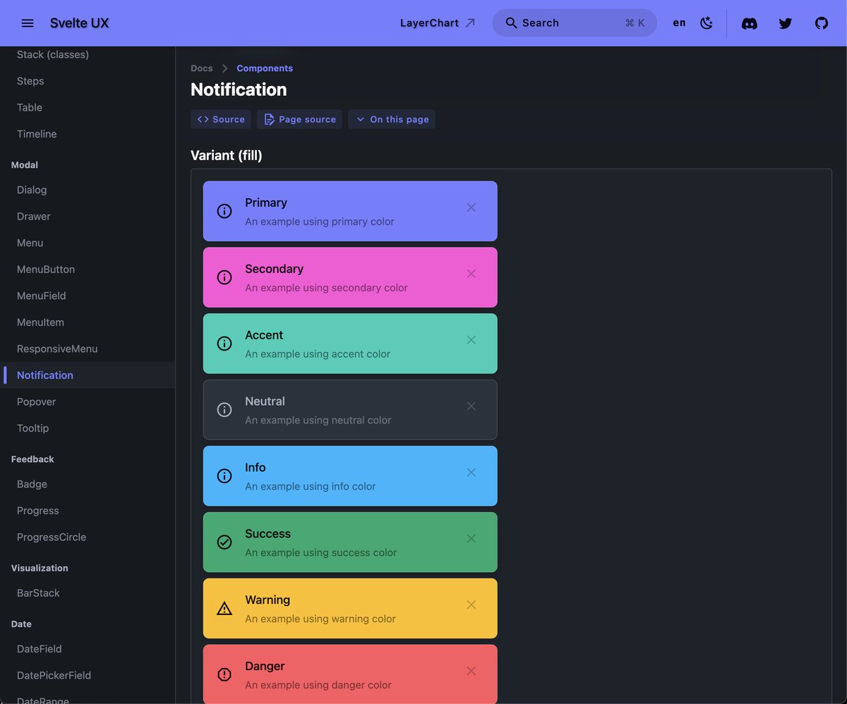 techniq35's tweet image. 📣 Simplified Notification with enhancements

@SvelteUX has improved the Notification component by supporting simple props for title, description, icon, and actions, support for theme colors (success, danger, etc), and added variant support (default, fill).…
