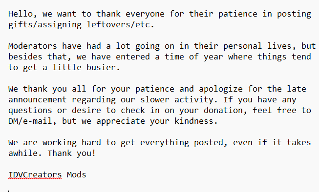 idvcreators's tweet image. = Mini Announcement regarding slower moderator activity = 

We are still here, we just only log in about once or twice per week as of right now. We will pick up activity again towards the end of the month, but we appreciate your patience until then!!