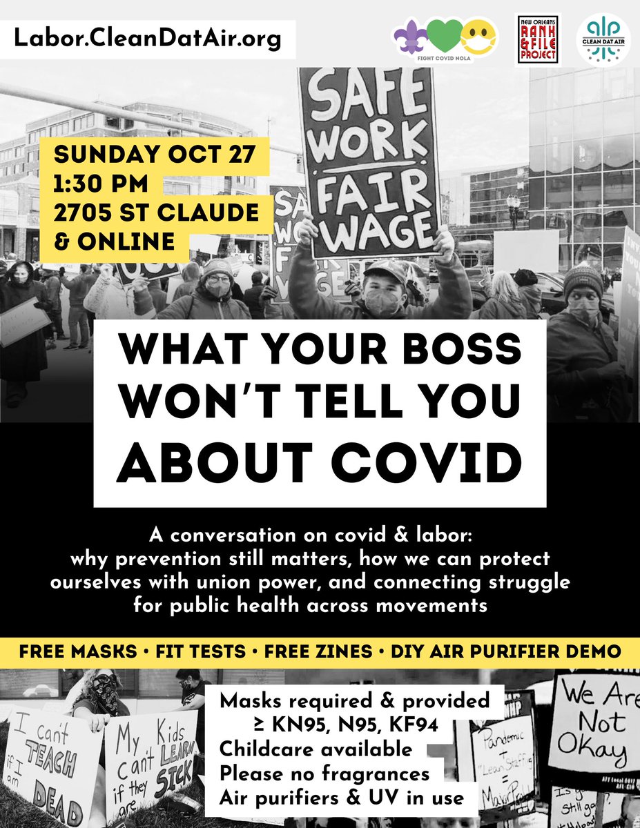 What Your Boss Won't Tell You About Covid
Sunday, Oct 27th, at 1:30-3pm central
2705 St. Claude &amp; online

A conversation on covid &amp; labor: why prevention still matters, how we can protect ourselves with union power, and connecting struggle for public health across movements

✊😷