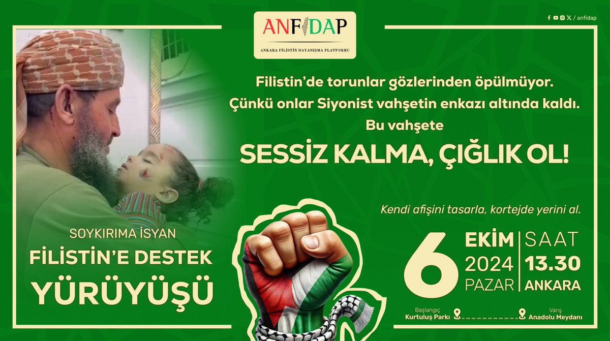 Filistin'de torunlar gözlerinden öpülmüyor, çünkü onlar Siyonist vahşetin enkazı altında kaldı. 
Soykırıma isyan etmek ve Siyonist çeteye meydan okumak için yarın meydanlardayız....  KURTULUŞA!!!  

#Ankarafilistin 
#soykırımaisyan