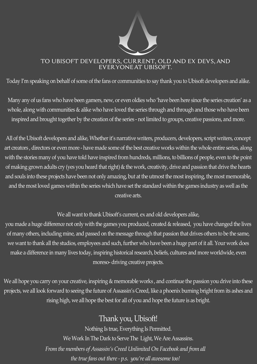 A message to everyone <a href="/Ubisoft/">Ubisoft</a> from your loyal friends in the community.❤️ (The author of this letter wishes to remain anonymous, as -you've guessed it right - he works in the dark to serve the light.)

Repost it, please, if you can, so it reaches the people it's addressed to.❤️
