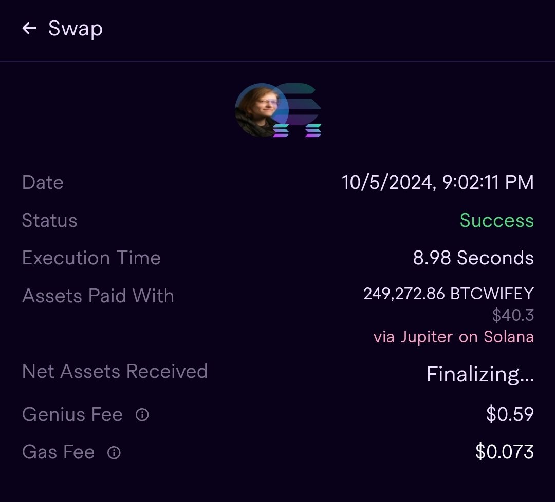 this meme went rampant after this tweet, thought I'd increase slippage and sell on raydium directly b/c of volatility, altered slippage 3times and didn't work.

how dare me doubt <a href="/GeniusTerminal/">Genius</a> 😤 

first attempt was successful in 8.98 fuckin seconds 😮‍💨

faster than your fav bot