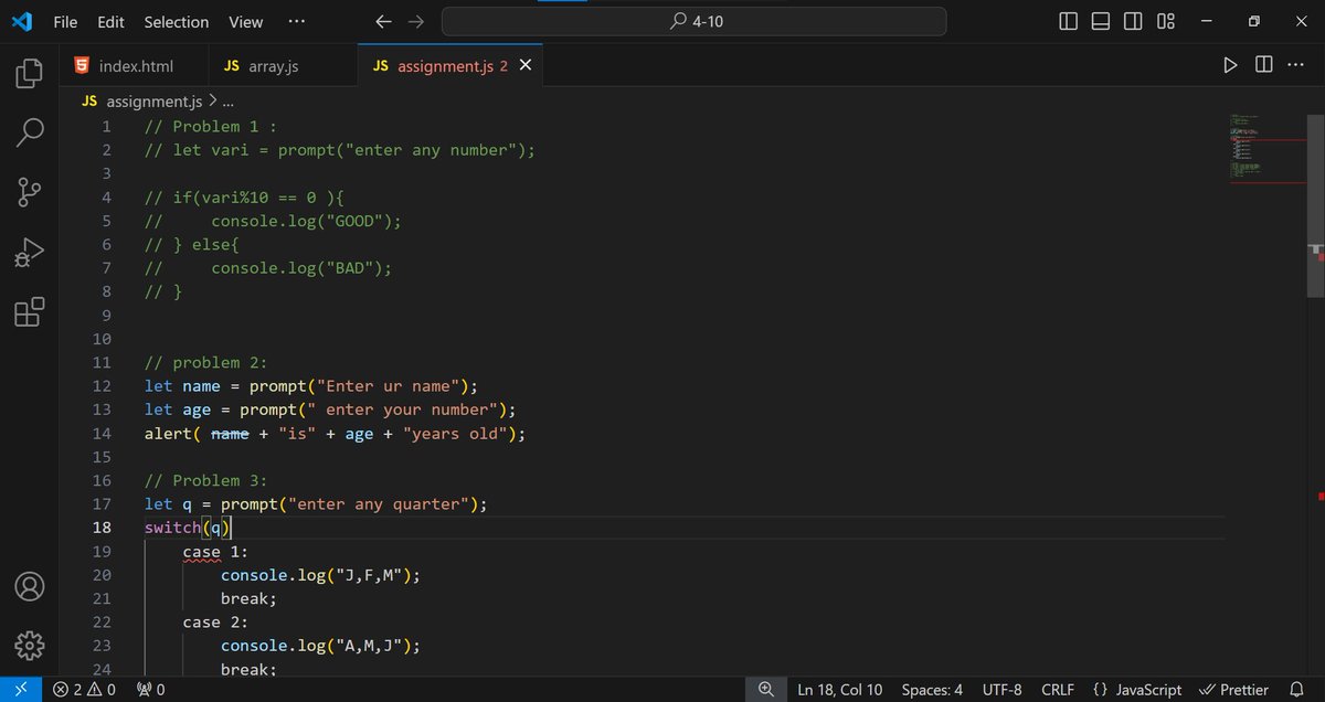 Amitrahar22's tweet image. Day [2] : JavaScript Questions and getting friendly with  
--&amp;gt;Completed PART 4(15 videos) 2 hours invested nicely (Apna College).
--&amp;gt;One Assignment. 💻 
Feeling Js in WEB DEV 🚀

#1001DaysChallenge #WebDevelopment #JavaScriptJourney #CodeEveryDay #LearningInPublic