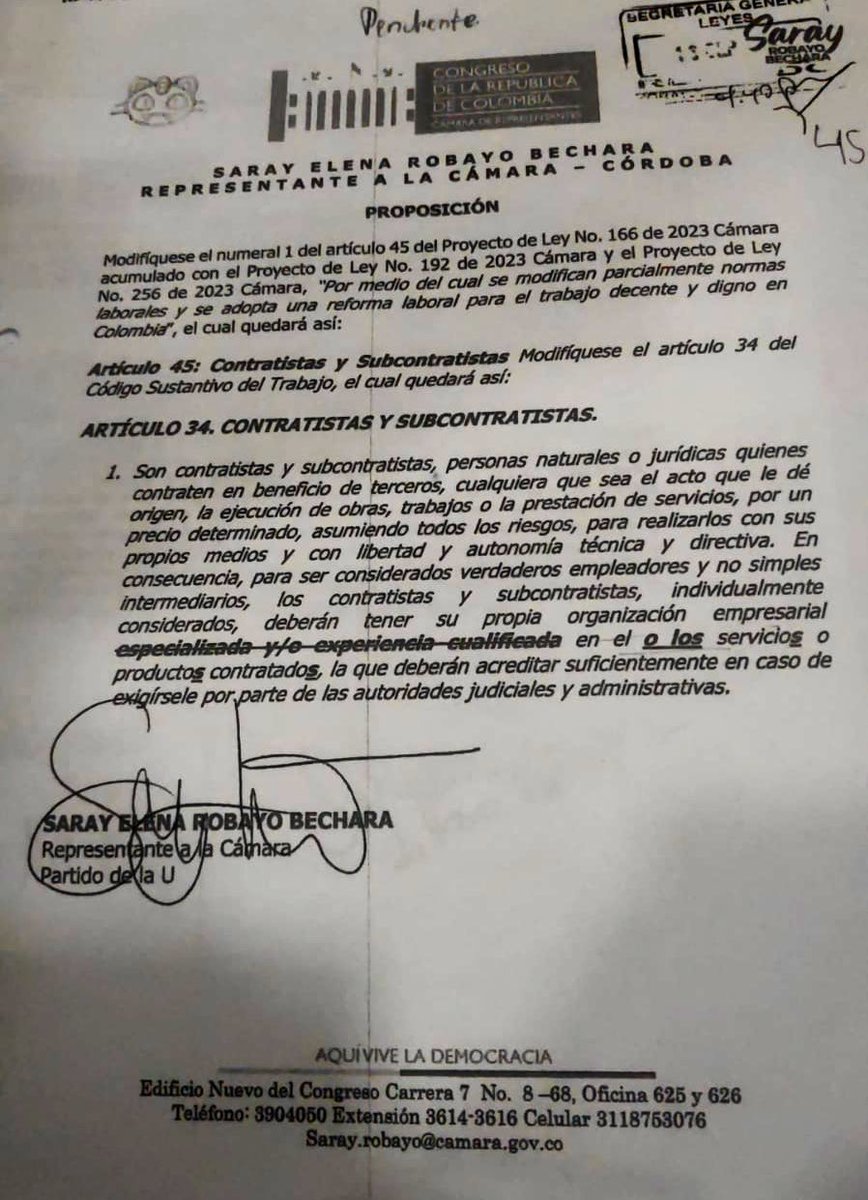 Esto es grave. Es mejor dejar ese artículo como está en el Código. La jurisprudencia ha sido más avanzada, que ahora ha tomado incluso, insumos de la recomendación 198 de la OIT.