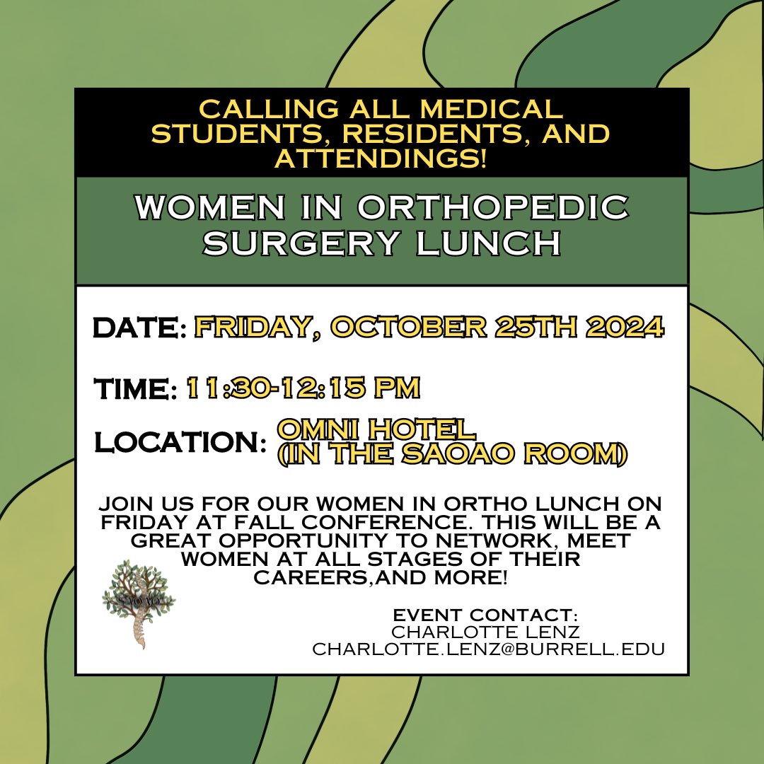 Join us on Friday of AOAO/SAOAO Fall Meeting for our Women in Ortho Lunch! All are welcome—medical students, residents &amp; attendings. No RSVP needed. This will be an informal event for networking and meeting other women at various stages of their careers. See you there!