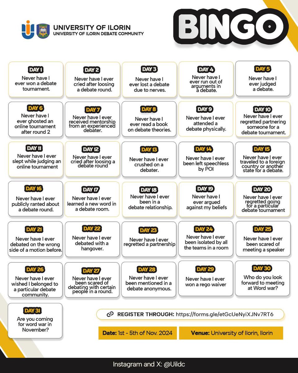 UIldc_'s tweet photo. In the spirit of Word War VI, we've got a little challenge for everyone. Check out our expansive bingo selection, and tick all that apply โ and you can even share your story too; we won't judge (too much) ๐
#WordWarVI #Bingo https://t.co/o4CWfnoUJ3