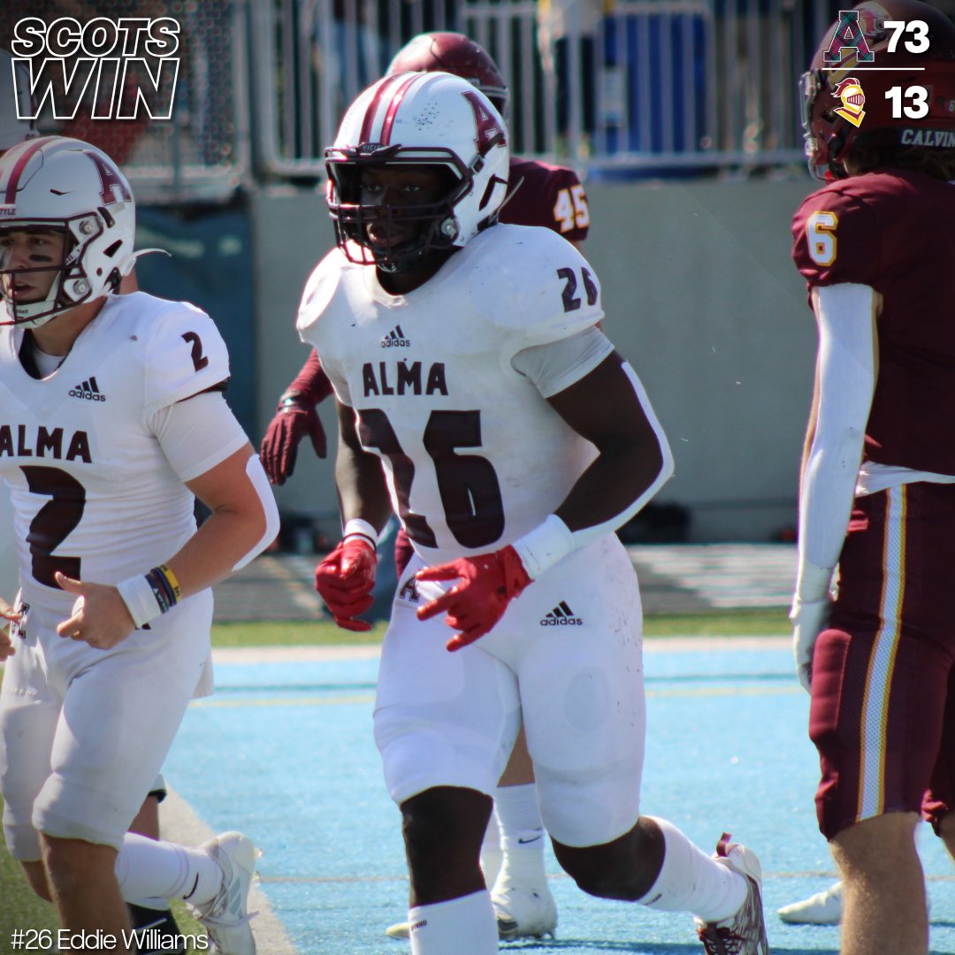 A simply lovely day at the office for #26. Eddie Williams leads all rushers as football rolls to a 73-13 victory over Calvin! #SCOTSWIN