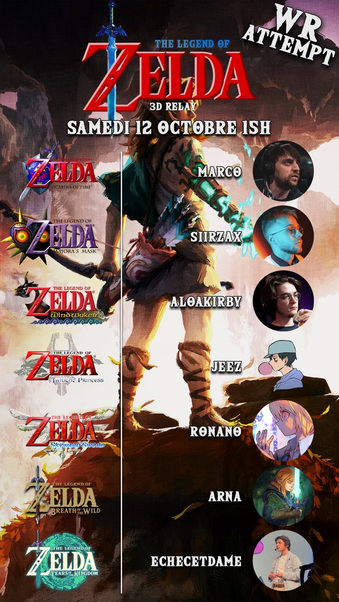 Jo - Zax 🪐 (@siirzax92) on Twitter photo Bon, on prend notre revanche !
Zelda 3D Challenge Relay full francophone le Samedi 12 Octobre aux alentours de 15h.
Vous connaissez déjà l'équipe:
OOT: @marco8641
MM: <a href="/siirzax92/">Jo - Zax 🪐</a>
TWW: <a href="/Aloakirby/">Aloakirby</a>
TP: <a href="/Jeez_sr/">Aurel</a>
SS: <a href="/RonanoSR/">Ronano</a>
BOTW: <a href="/arnagisma/">Arna</a>
TOTK: <a href="/Echecetdame/">Echecetdame</a> Bon, on prend notre revanche !
Zelda 3D Challenge Relay full francophone le Samedi 12 Octobre aux alentours de 15h.
Vous connaissez déjà l'équipe:
OOT: @marco8641
MM: <a href="/siirzax92/">Jo - Zax 🪐</a>
TWW: <a href="/Aloakirby/">Aloakirby</a>
TP: <a href="/Jeez_sr/">Aurel</a>
SS: <a href="/RonanoSR/">Ronano</a>
BOTW: <a href="/arnagisma/">Arna</a>
TOTK: <a href="/Echecetdame/">Echecetdame</a>
